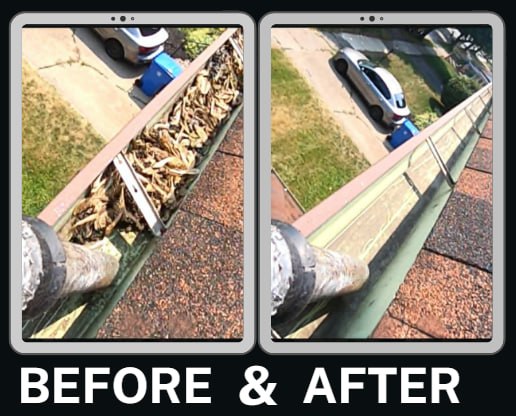 Before and after photos of a gutter cleaned by Suck-It-Up